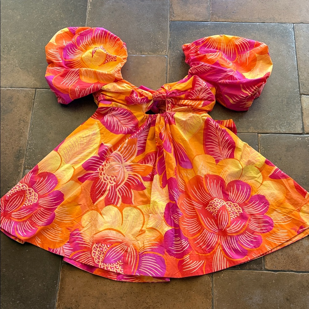 Farm Rio Ombré  Mini Dress Garden Puff Sleeve Orange Yellow Tie Back Bohemian L - Picture 2 of 14
